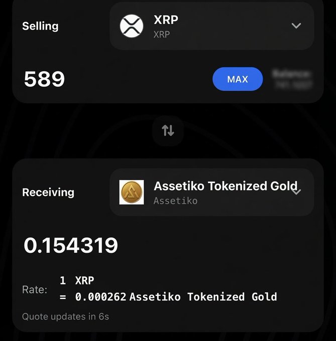 A cryptocurrency swap interface on a dark background shows a user selling 589 XRP to receive 0.154319 'Assetiko Tokenized Gold', with a conversion rate of 1 XRP = 0.000262 Assetiko Tokenized Gold.