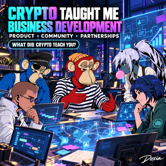 An anime-style illustration titled 'CRYPTO TAUGHT ME BUSINESS DEVELOPMENT' depicts Bored Ape-style characters and anime figures collaborating on laptops with text highlighting 'PRODUCT • COMMUNITY • PARTNERSHIPS', signed 'Doxia'.