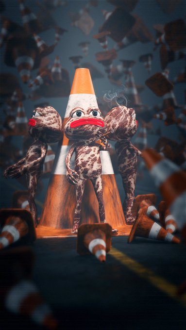 A surreal 3D render of a figure wearing a giant red-lipped head mask and patterned bodysuit, surrounded by floating traffic cones.