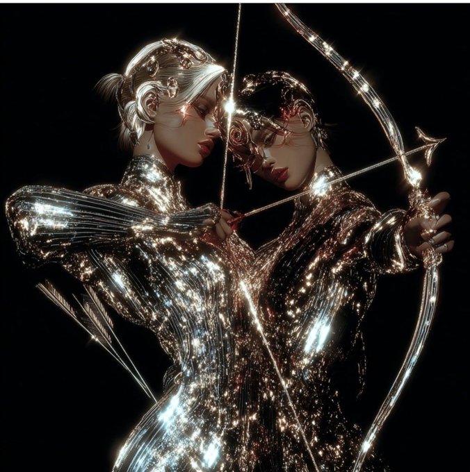 A glamorous digital artwork depicting two figures in sparkling metallic outfits, one holding a glowing bow and arrow, with the other wearing rose-shaped sunglasses.