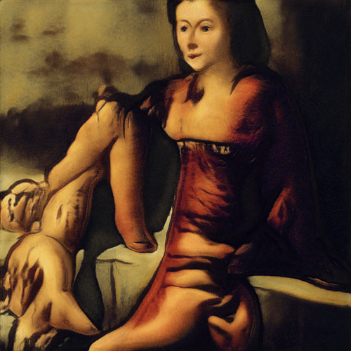 A Renaissance-style oil painting depicting a woman in a red dress interacting with a partially nude male figure in a muted, dark setting.