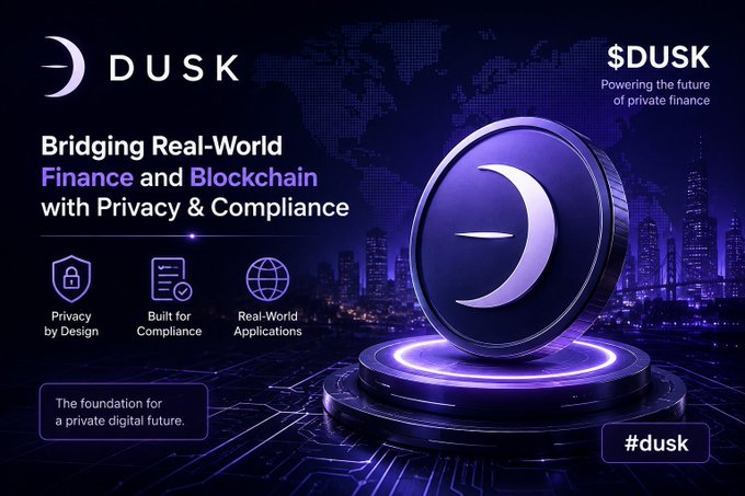 A promotional graphic for 'DUSK' cryptocurrency ($DUSK) with the tagline 'Powering the future of private finance,' highlighting features like 'Privacy by Design,' 'Built for Compliance,' and 'Real-World Applications,' alongside a purple coin with a crescent moon logo.