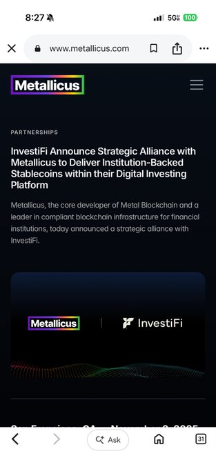 A mobile screenshot of the Metallicus website showing an announcement: 'InvestiFi Announce Strategic Alliance with Metallicus to Deliver Institution-Backed Stablecoins within their Digital Investing Platform.'