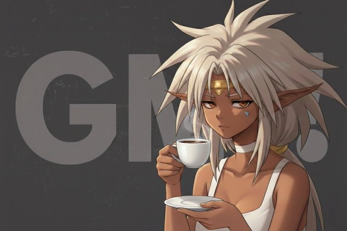 An anime illustration of a dark-skinned elf-like character with wild white spiky hair and pointed ears, holding a white teacup and saucer, with a faint 'GN' watermark in the background.
