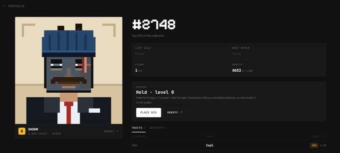 The image shows a CryptoPunks portfolio page for token #2748, featuring a pixelated character with a blue cap, mustache, and red tie, ranked #653 in rarity with a last sale of 0.096 ZEC. The post highlights Zaddr's sarcastic commentary on the punk's appearance, noting its rarity ranking and suggesting the owner open the market for trading.