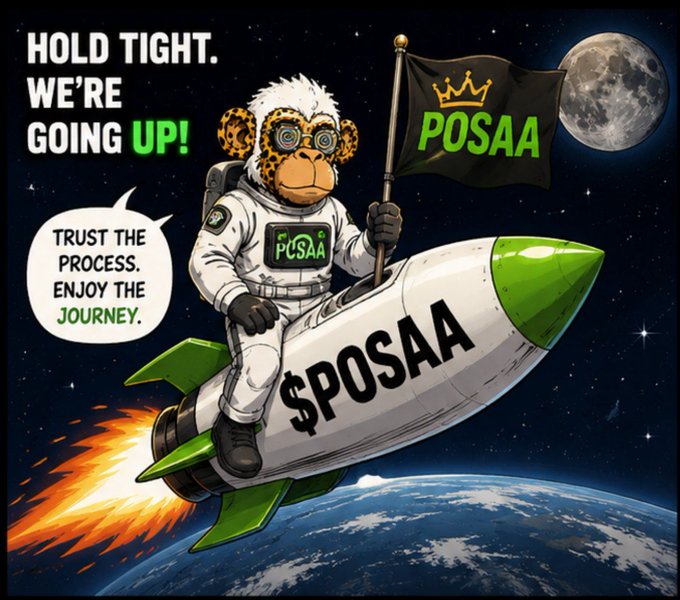 A cartoon illustration of a monkey dressed as an astronaut riding a green and white rocket labeled '$POSAA', with text bubbles reading 'HOLD TIGHT. WE'RE GOING UP!' and 'TRUST THE PROCESS. ENJOY THE JOURNEY.'