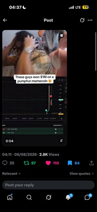 A screenshot of a social media video post showing a trading chart with a caption 'These guys won $1M on a pumplun memecoin,' dated 06/08/2026.