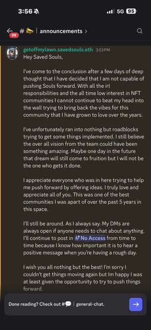 A Discord announcement from 'getoffmylawn.savedsouls.eth' titled 'Hey Saved Souls,' expressing the decision to step back from pushing the NFT project forward.