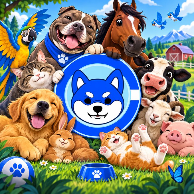 A colorful cartoon illustration features a blue husky logo surrounded by smiling animals including a dog, horse, parrot, cat, cow, rabbit, pig, and kitten.