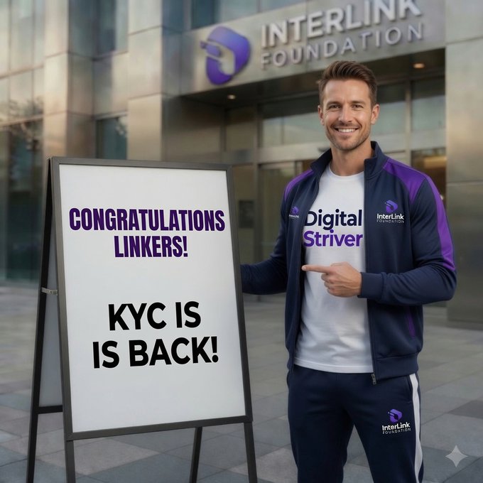 A smiling man wearing an "InterLink Foundation" jacket and a "Digital Striver" t-shirt stands outside the InterLink Foundation building, pointing at a sign that reads "CONGRATULATIONS LINKERS! KYC IS BACK!" The image visually reinforces the announcement that KYC processing will soon return to normal, celebrating the good news for Linkers awaiting verification.