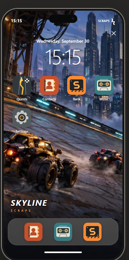 A smartphone home screen featuring a 'Skyline Scraps' theme with cyberpunk monster truck wallpaper and custom app icons labeled Quests, Contacts, Bank, and Music.