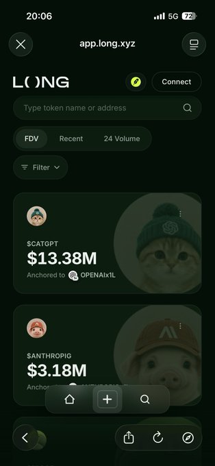 A screenshot of the app.long.xyz platform displaying two meme tokens: $CATGPT with a $13.38M FDV anchored to OpenAIx1L, and $ANTHROPIC with a $3.18M FDV (anchored to Anthropic), visually representing the post's prediction of a 2-meme AI pair with potential to reach a $100M market cap.