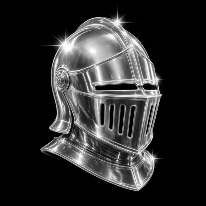 A shiny, metallic 3D rendering of a medieval knight's helmet set against a black background with sparkling light reflections.
