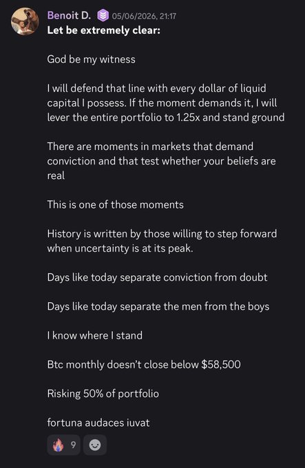The image shows a Discord message from user "Benoit D." dated 05/06/2026 at 21:17, in which he declares with dramatic conviction that "Btc monthly doesn't close below $58,500" and is willing to risk 50% of his portfolio and leverage 1.25x to defend that level, closing with the Latin phrase "fortuna audaces iuvat" (fortune favors the bold). The post humorously references this as a prior bold BTC bottom-call, suggesting the poster nailed the recent low and is now "auramaxxing" while playfully framing this past message as evidence of his prescient conviction.