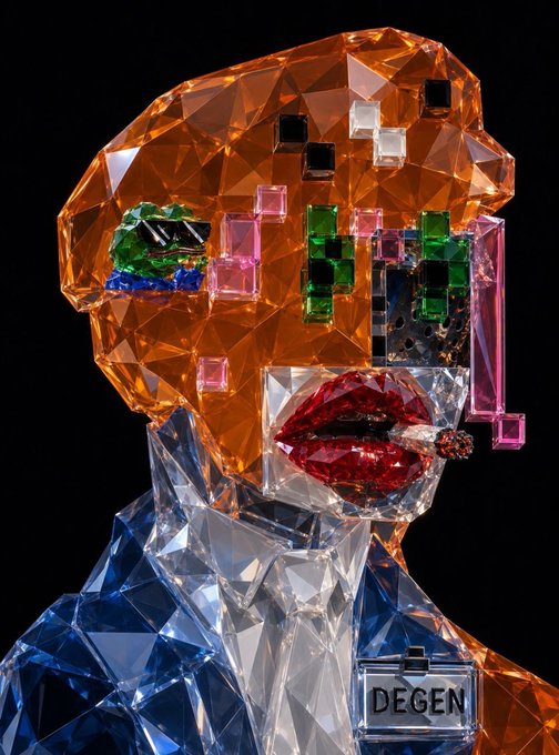 A surreal crystal/cubist-style portrait of a woman with orange hair, featuring colorful gemstone accents for eyes and lips, wearing a blue outfit with a 'DEGEN' name badge.
