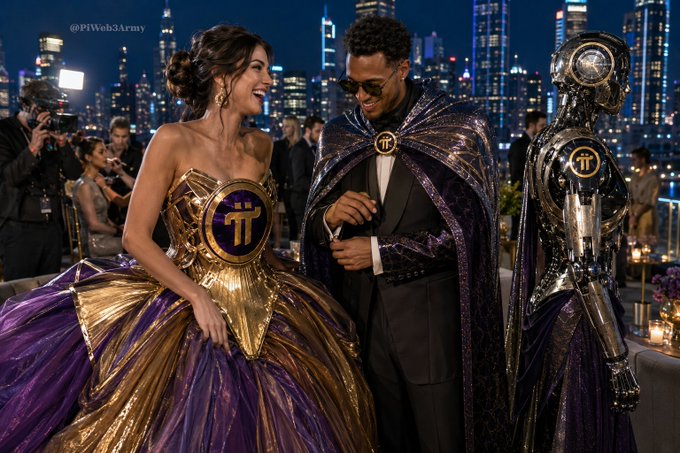 A woman in an elaborate gold and purple gown and a man in a black suit with a gold-trimmed purple cape, both wearing 'TT' medallions, standing next to a metallic humanoid figure with a city skyline at night in the background; watermark reads '@PIWeb3Army'.