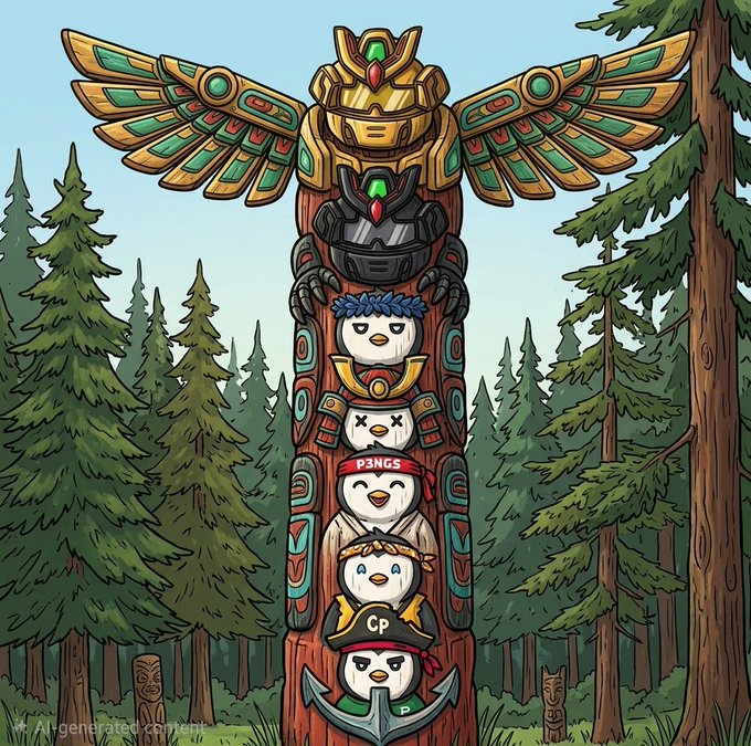 A totem pole featuring stacked penguins with accessories including a laurel wreath, 'Cp' shirt, and 'P3NGS' bandana, topped with a winged helmet design in a forest setting.