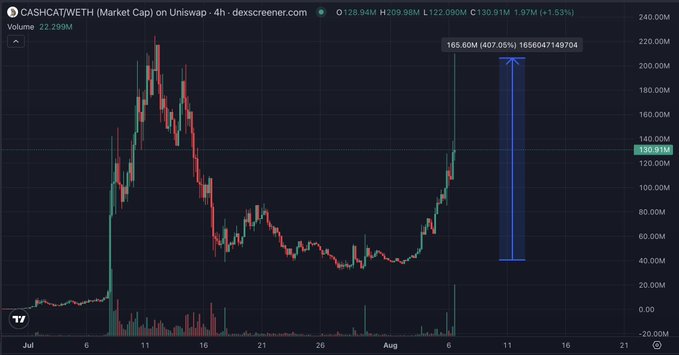 A financial chart for 'CASHCAT/WETH (Market Cap) on Uniswap - 4h' on dex screener, showing a massive price surge with a blue annotation arrow pointing to a high of 165.60M and a current value around 129.91M.