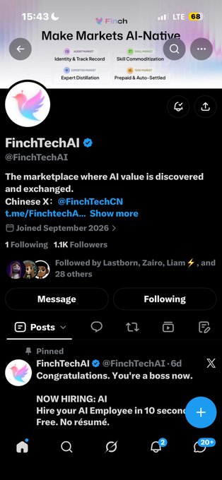 Twitter/X profile page for FinchTechAI (@FinchTechAI), displaying 1.1K followers, a banner reading 'Make Markets AI-Native,' and a pinned post announcing 'AI Congratulations. You're a boss now. NOW HIRING: AI. Hire your AI Employee in 10 seconds. Free. No résumé.'