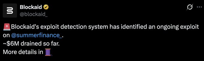 A Blockaid tweet alert warning that their exploit detection system identified an ongoing attack on Summer Finance, with approximately $6M drained. The post relates to the tweet by explaining the technical details of the exploit, which involved flash loans combined with manipulation of the Lazy Summer Vault's accounting pricing logic to drain funds.