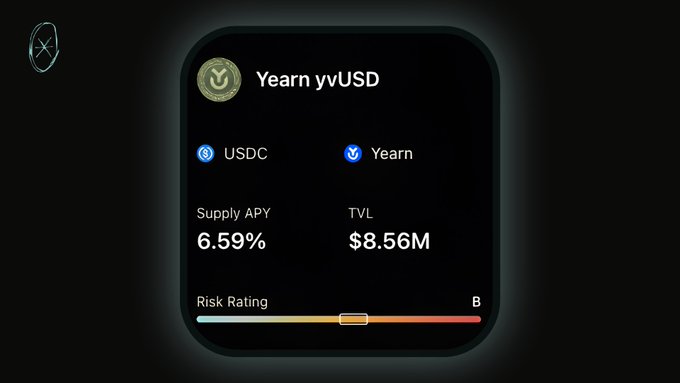 A dark-themed digital card displays the "Earn yvUSD" strategy from Yearn Finance, showing a 6.59% Supply APY on USDC with a TVL of $8.56M and a B-tier risk rating, directly illustrating the rising APY mentioned in the accompanying Superseed app promotional post.