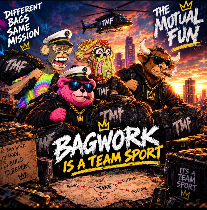 A stylized NFT artwork titled 'BAGWORK IS A TEAM SPORT' featuring anthropomorphic animals in urban street style, including a monkey captain, pink bear, and bull, with 'TMF' branding throughout.