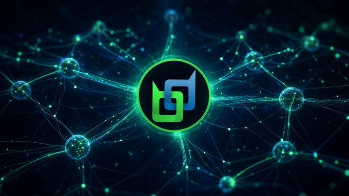 A glowing green and blue icon surrounded by a network of interconnected nodes and lines on a dark blue background.