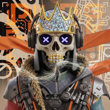 A stylized digital art piece featuring a crowned skull with purple X-eyes wearing headphones and tactical gear against a graffiti-style background.