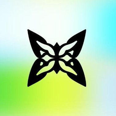 A black butterfly silhouette logo centered on a gradient background blending white, blue, and yellow-green hues.