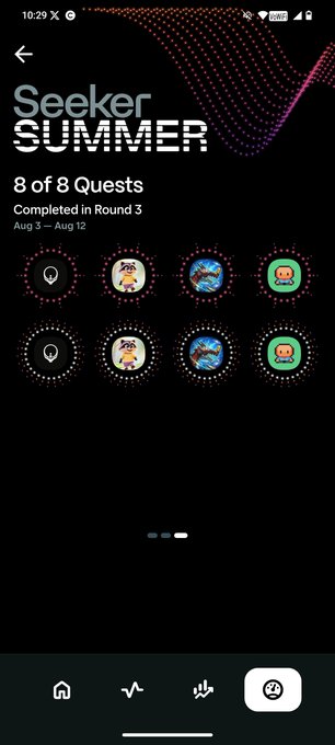 A mobile app screen titled "Seeker SUMMER" shows "8 of 8 Quests Completed in Round 3" (Aug 3 - Aug 12) with a row of circular reward icons including location pins, medals, and gift boxes.