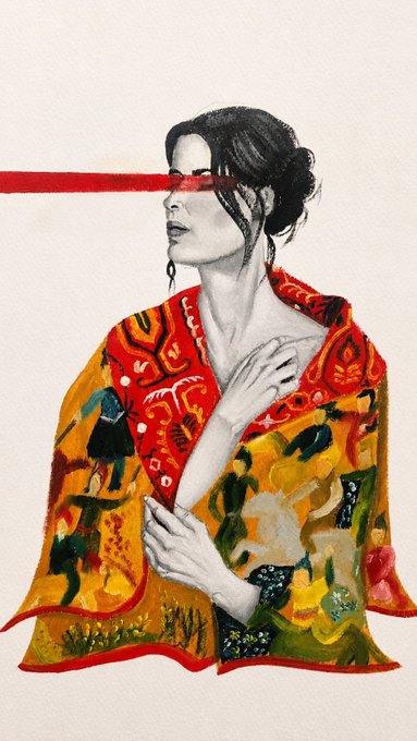 A watercolor-style illustration of a woman wearing a vibrantly patterned shawl in red, yellow, and green, with a red brushstroke obscuring her eyes.