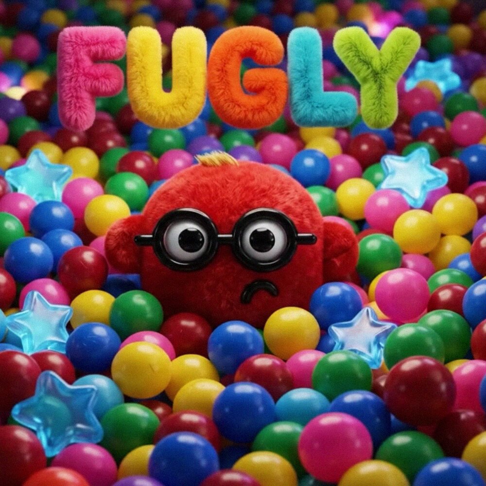 The image features a large pile of colorful balls, with one red ball prominently placed among them. The text "FUGLY" is written above the pile of balls, indicating that this scene represents a game or activity related to the word "fugly". The image also includes stars and other objects scattered throughout the scene, adding visual interest and context to the overall composition.