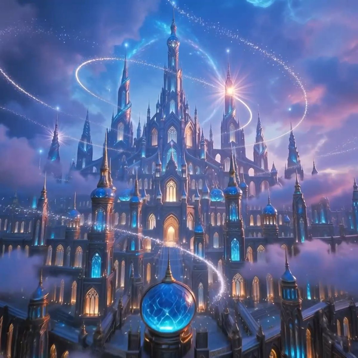 A fantasy illustration of a grand, glowing blue castle floating among clouds with magical light trails swirling around it.