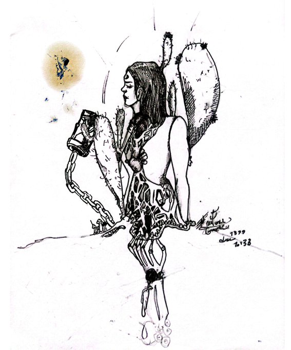 A rough black-and-white sketch of a female figure with cactus-like appendages and mechanical legs, holding a chained hourglass, with the artist's signature and the dates '2021/23' visible.