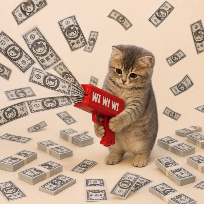 A whimsical illustration of a kitten holding a red money gun labeled 'WI WI WI', firing dollar bills featuring cat faces, with stacks of cash scattered around.