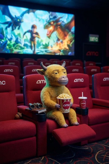 A whimsical image shows a furry yellow horned creature sitting in a red AMC movie theater seat, holding a bucket of popcorn, with an animated fantasy movie playing on the screen.