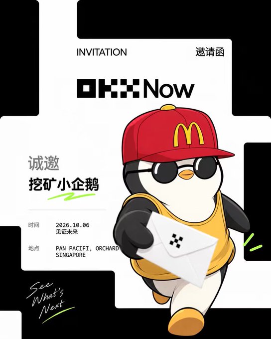 An invitation graphic for 'OKX Now' dated 2026.10.06 in Singapore, featuring a cartoon penguin wearing a McDonald's cap and sunglasses holding an envelope.