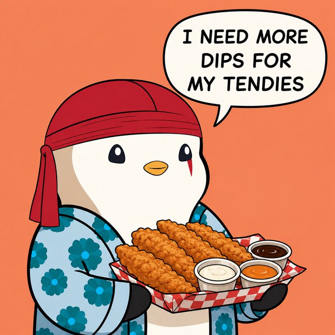 A cartoon penguin wearing a red bandana holds a basket of chicken tenders and three dipping sauces, with a speech bubble reading 'I NEED MORE DIPS FOR MY TENDIES'.