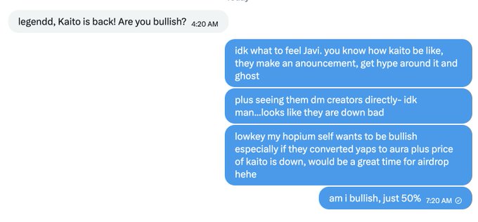 A text message exchange where one person discusses the Kaiko crypto project being 'down bad' and mentions a possible airdrop for converted tokens, with the final message stating 'am I bullish, just 50%'.