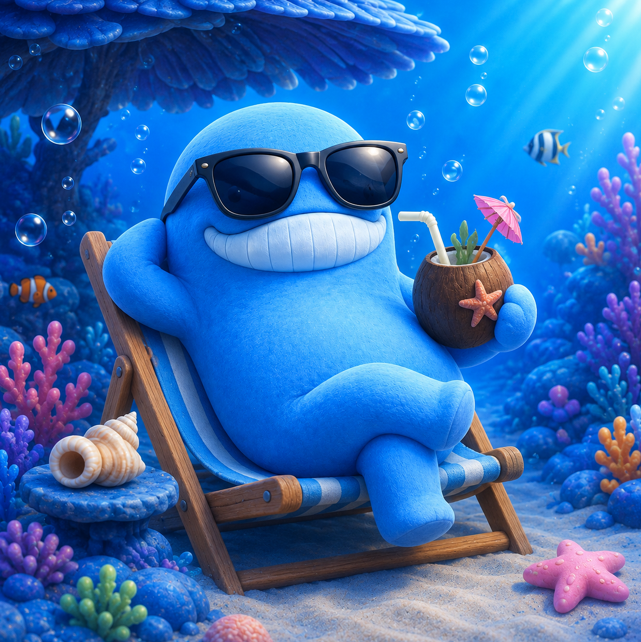 A 3D illustration of a blue, smiling, rounded character wearing sunglasses and relaxing on a wooden lounge chair underwater, holding a coconut drink with a straw and umbrella, surrounded by coral, fish, and bubbles.