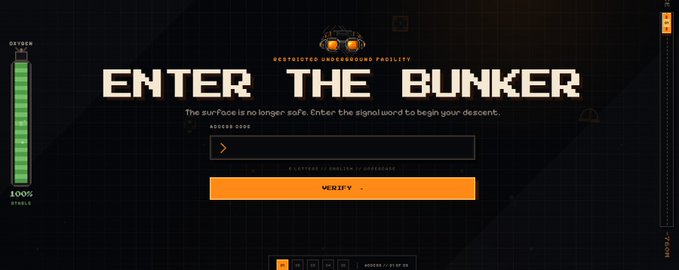A digital interface displays "ENTER THE BUNKER" with text indicating the surface is no longer safe and instructing users to enter a signal word at "thebunkerhood.com" to begin their descent, along with a "VERIFY" button and a code input field. The screen promotes a free mint whitelist opportunity on Robinhood, requiring users to submit a wallet for Genesis Artifacts application using the code "bunker."