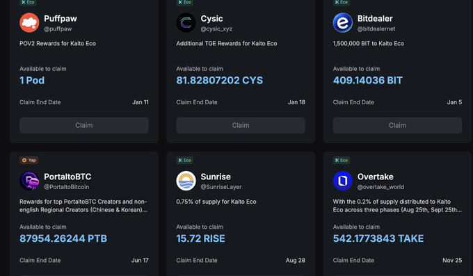 A screenshot of a crypto rewards dashboard showing various airdrops available to claim, including 1 Pod from Puffpaw, 81.82807202 CYS from Cysic, 409.14036 BIT from Bitdealer, 87954.26244 PTB from PortaltoBTC, 15.72 RISE from Sunrise, and 542.1773843 TAKE from Overtake.