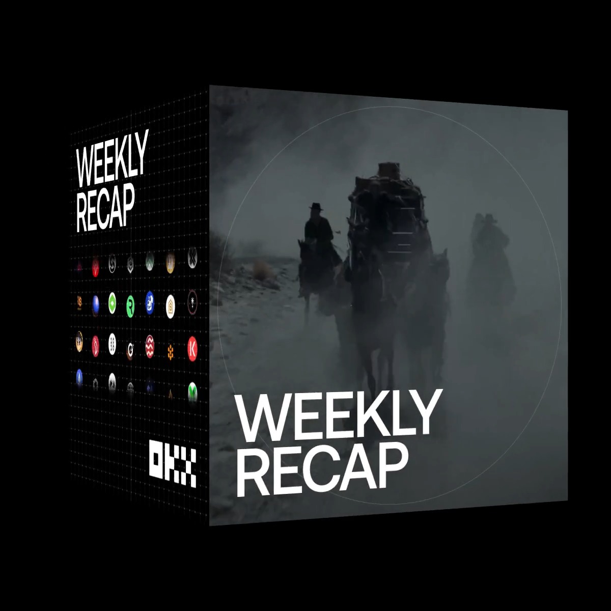 A 3D promotional graphic titled "WEEKLY RECAP" by OKX, featuring a dark Western-style scene with silhouetted figures on horseback, alongside a panel displaying various cryptocurrency and token logos, highlighting OKX's expanded market offerings including new spot listings, tokenized stocks, and perpetual contracts.
