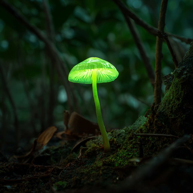 A bioluminescent green mushroom glowing on a mossy forest floor with its delicate gills illuminated beneath the cap.