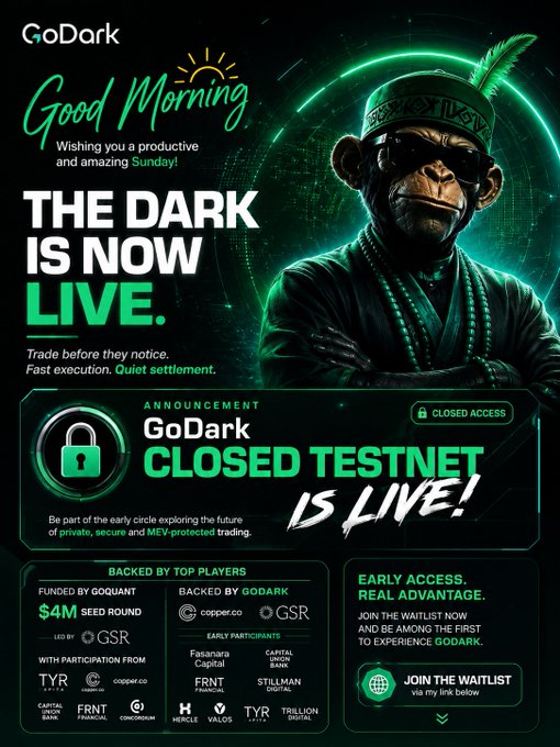 This GoDark promotional graphic announces their "Closed Testnet is LIVE" with bold "THE DARK IS NOW LIVE" messaging, featuring a stylized 3D monkey mascot wearing a feathered cap and sunglasses. The image highlights key details like a $4M seed round led by GSR, backing from investors including TYR Capital, FRNT Financial, and Copper.co, and includes a "Join the Waitlist" call-to-action—aligning with the post's reveal that something interesting is happening behind the scenes on Sunday.