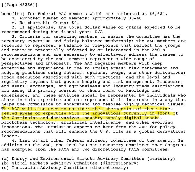 A CFTC document excerpt detailing membership costs and composition criteria for the Agricultural Advisory Committee (AAC), which highlights the committee's need for expertise in digital assets, blockchain technology, and artificial intelligence alongside traditional agricultural derivatives oversight.