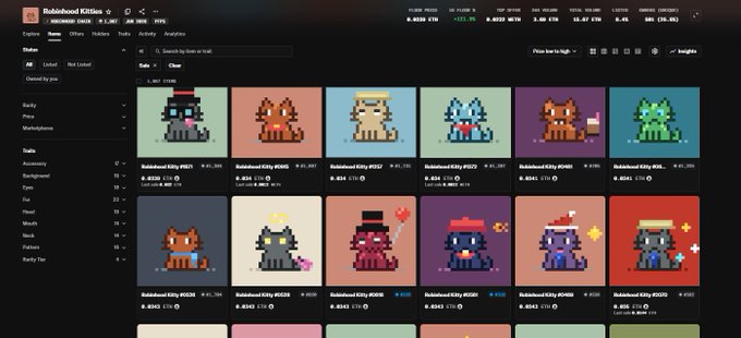 A digital storefront displays a collection of pixel art 'Rabinhood Kitties' NFTs, each labeled with a different number and ETH price.