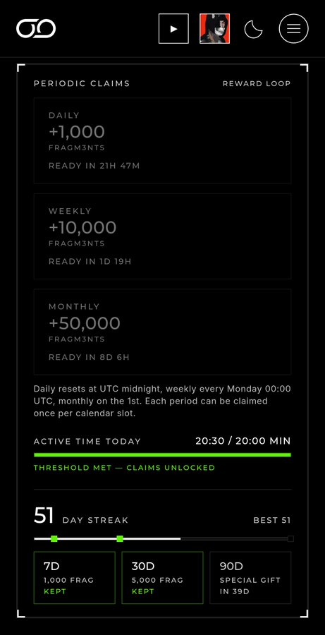 A mobile app interface titled 'PERIODIC CLAIMS' showing reward tiers (DAILY, WEEKLY, MONTHLY) with fragment amounts like '+1,000' and a '51 DAY STREAK' indicator.