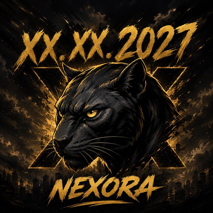 A dark and dramatic graphic featuring a black panther's head with glowing yellow eyes, surrounded by geometric shapes, with the text 'XX.XX.2027' at the top and 'NEXORA' at the bottom.
