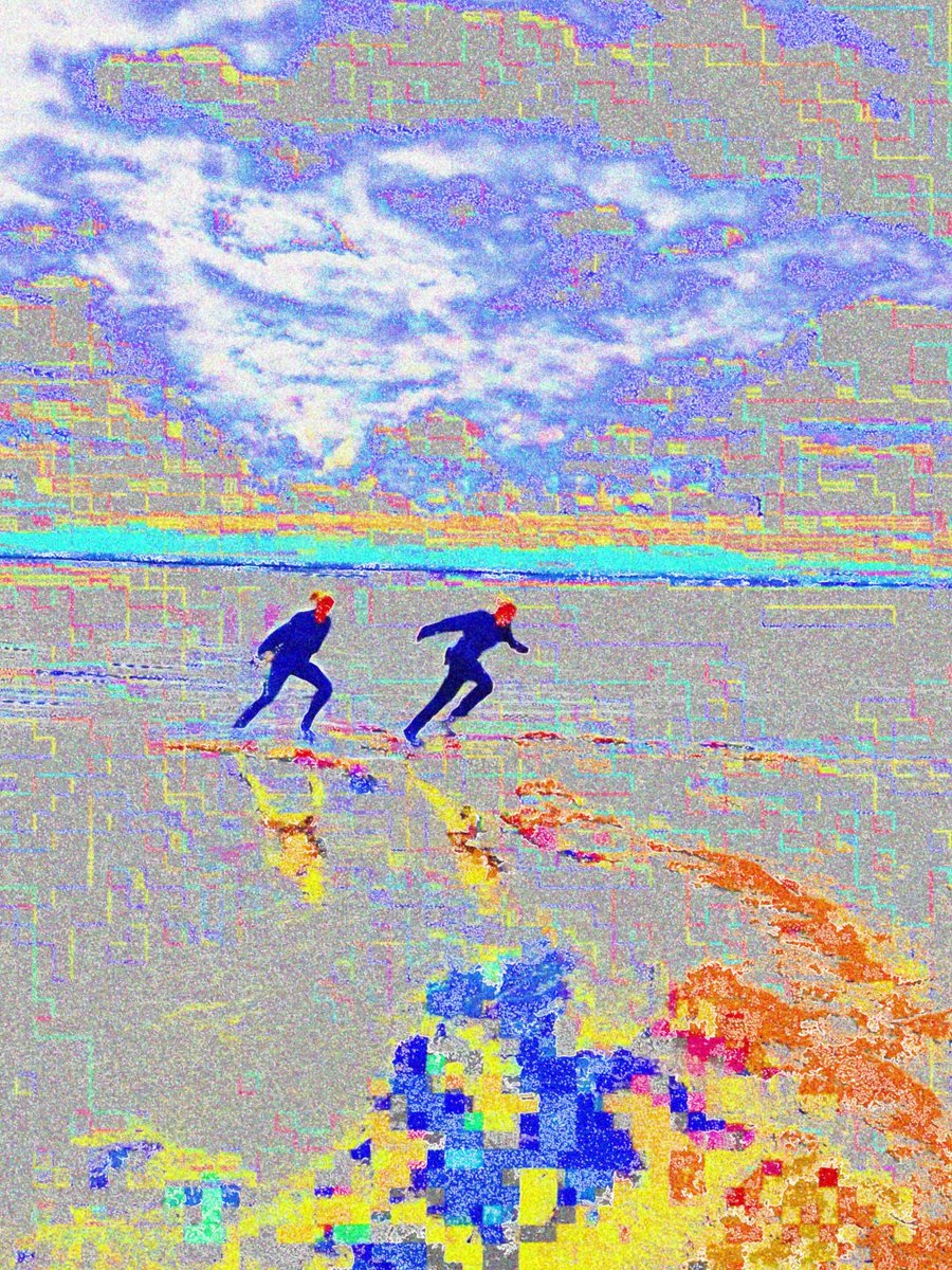 The image features two people running across a sandy beach with footprints behind them. The background of the photo shows a sky filled with clouds, giving the scene an artistic touch. The caption "NEW ON OBJKT" suggests that this image was taken recently or is part of a collection of similar images.
